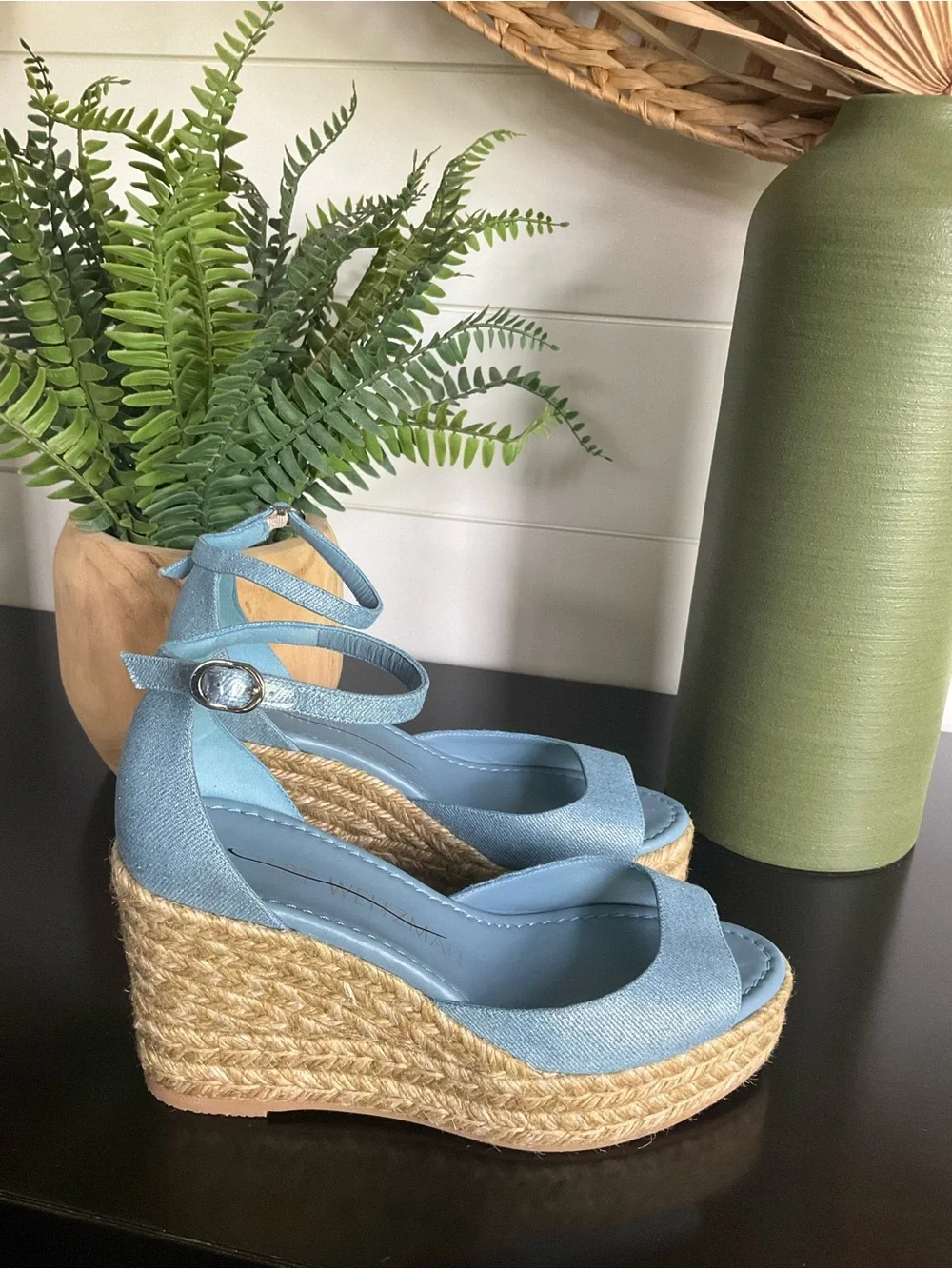 Stuart Weitzman Nudistia Metallic Blue Espadrille Wedge Sandals